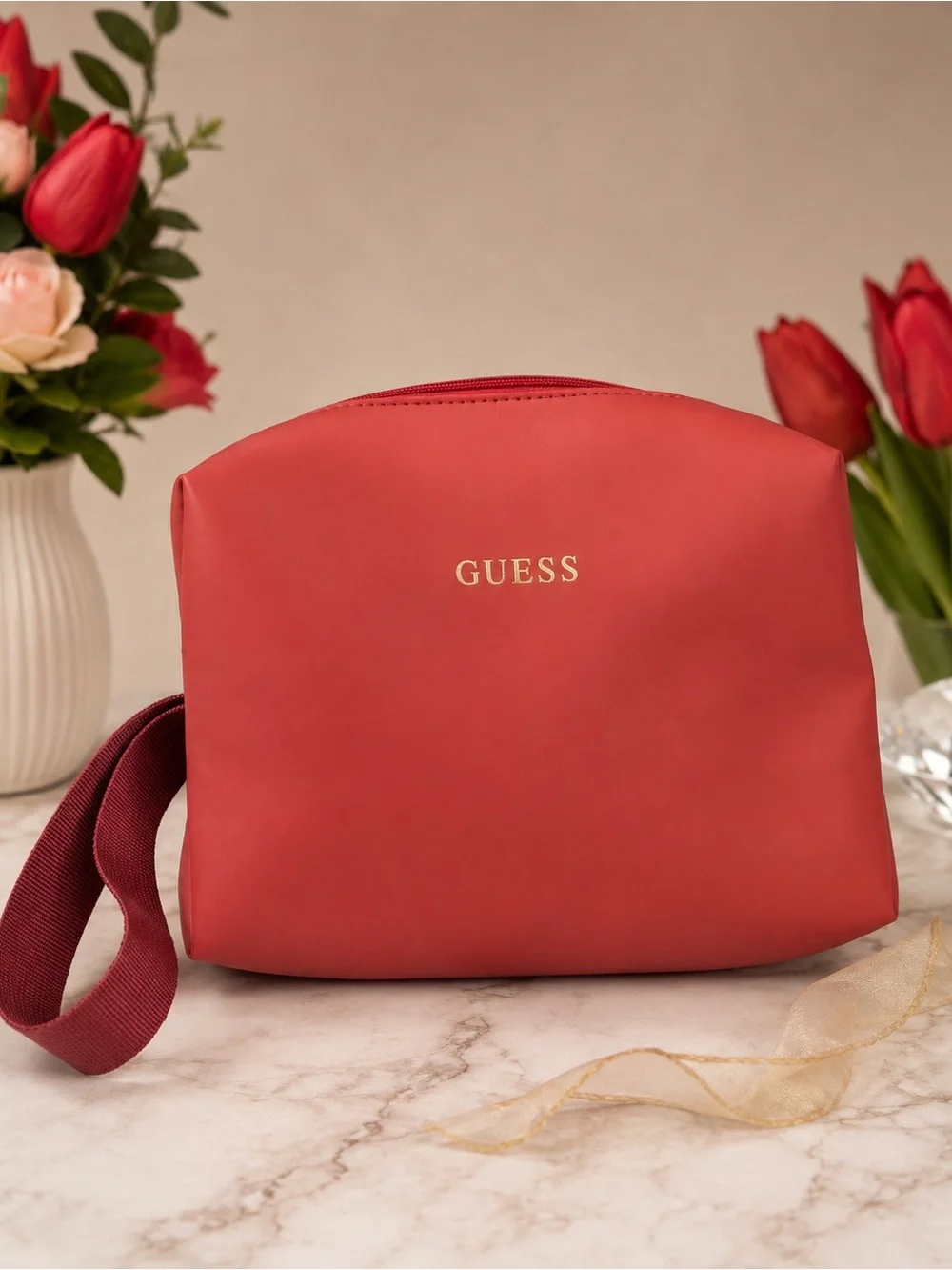 GUESS Coral-Red Cosmetic Pouch with Wrist Strap NWOT